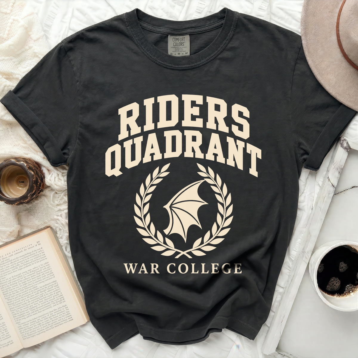Black t-shirt with "RIDERS QUADRANT WAR COLLEGE" text and a winged emblem.