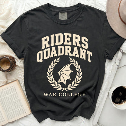 Black t-shirt with "RIDERS QUADRANT WAR COLLEGE" text and a winged emblem.
