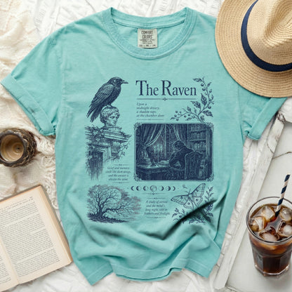 T-shirt with "The Raven" title, poem text, raven, and illustrations.