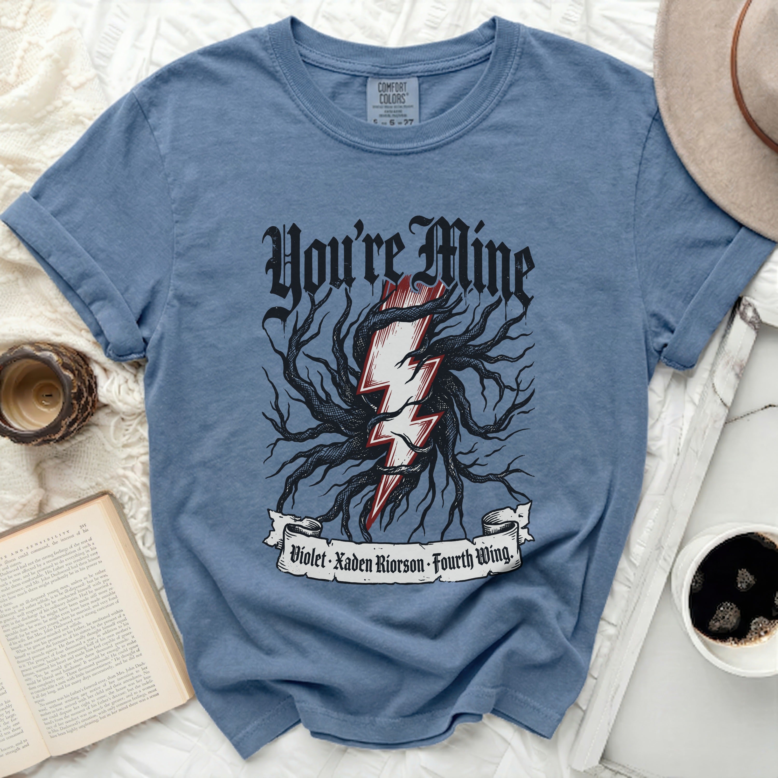 Blue t-shirt with lightning bolt and 