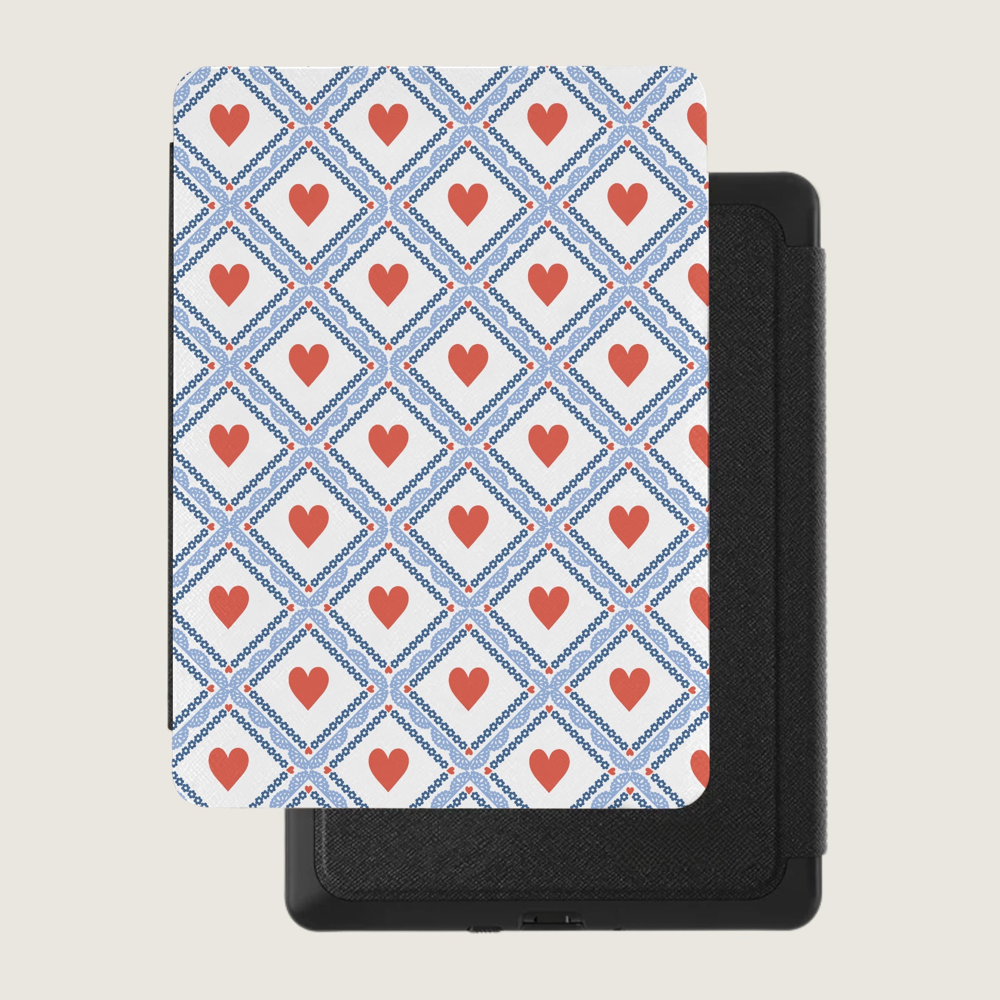 Red Heart Pattern Design on Blue and White Kindle Cover