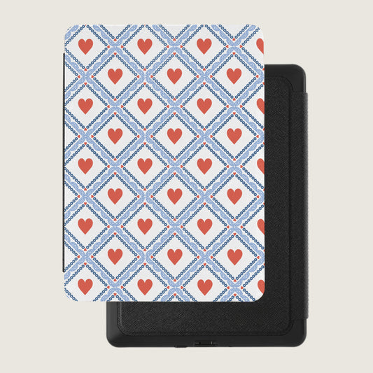 Red Heart Pattern Design on Blue and White Kindle Cover