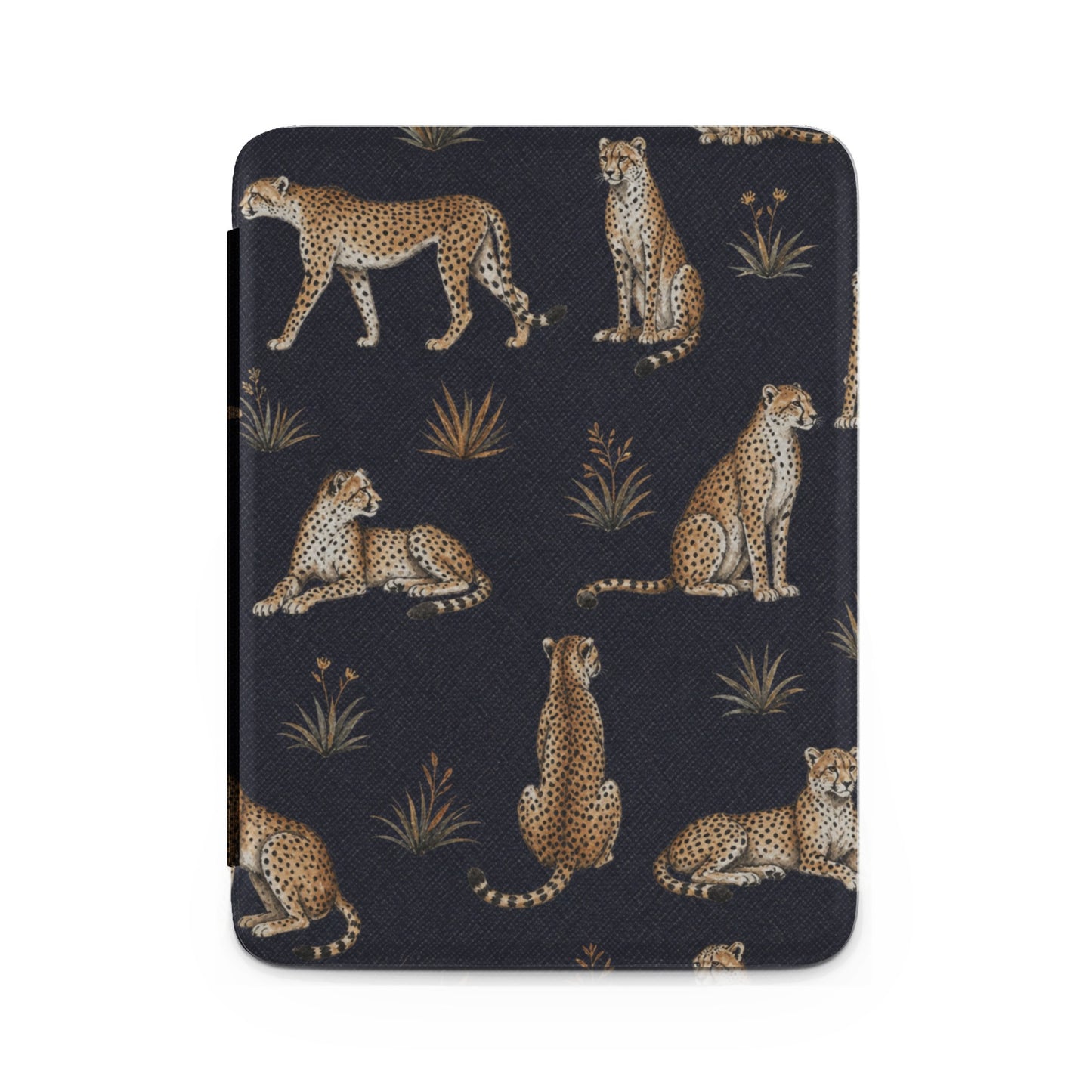 Black case with repeated cheetah pattern and gold accented foliage.