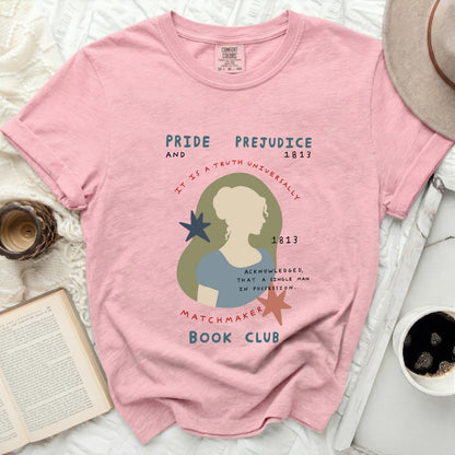 Pink t-shirt with Pride and Prejudice book club design.