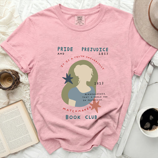 Pink t-shirt with Pride and Prejudice book club design.