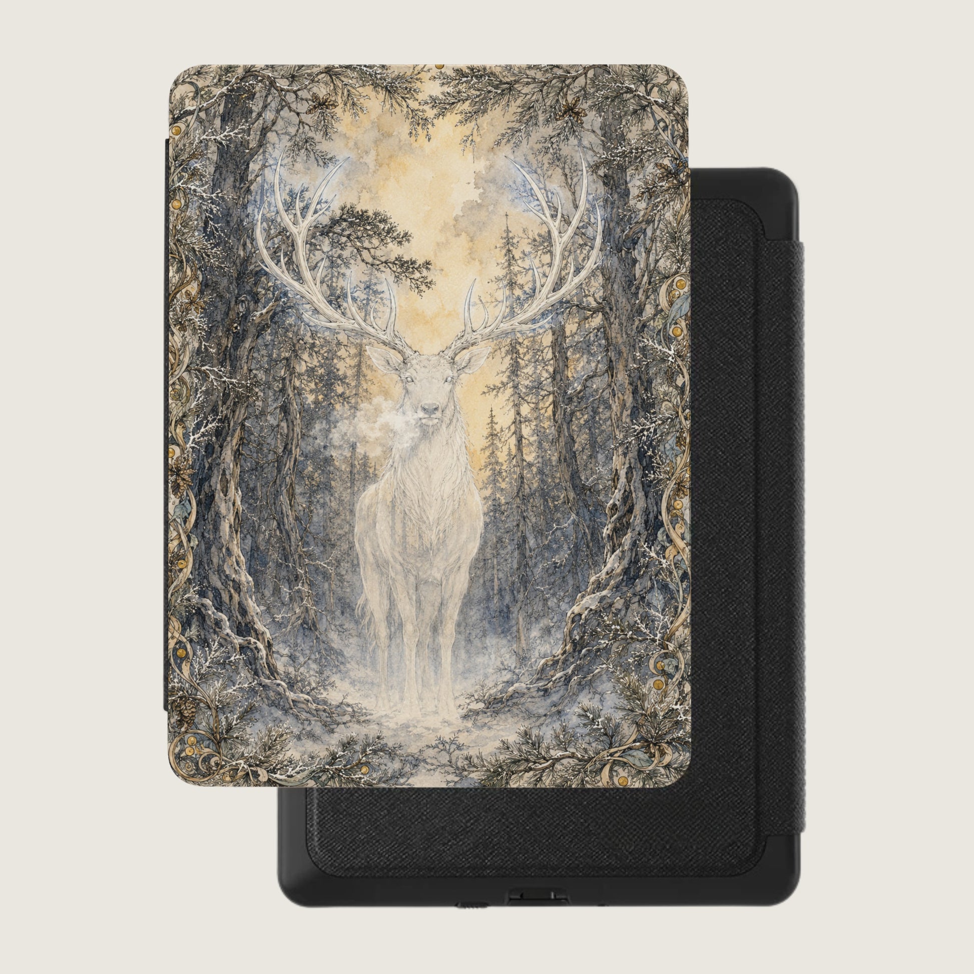 E-reader cover with a white stag and winter forest artwork.