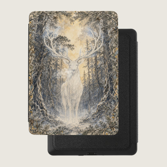 E-reader cover with a white stag and winter forest artwork.