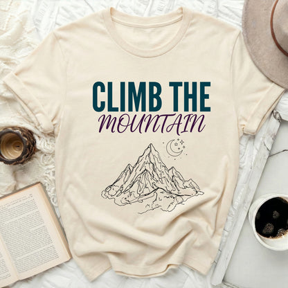 CLIMB THE MOUNTAIN Inspirational Mountains T-Shirt product type
CLIMB THE MOUNTAIN, Mountain t-shirt, Adventure tee, Nature shirt, Outdoor clothing, Hiking top, Exploration apparel, Wanderlust design, Inspirational graphic, Peak enthusiast, Moon stars motif, Scenic landscape, Beige t-shirt, Cream tee, Graphic tee, Unisex apparel, Travel shirt, Camping top, Motivational design, Mountain lover