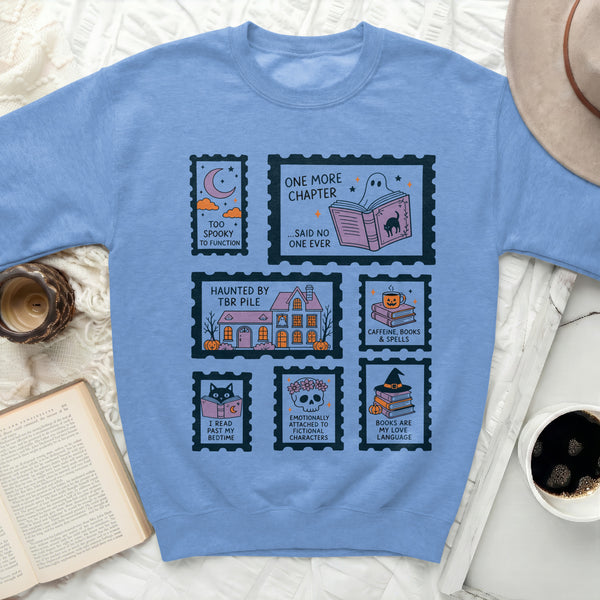 Spooky Reader's Halloween Sweatshirt in Carolina Blue