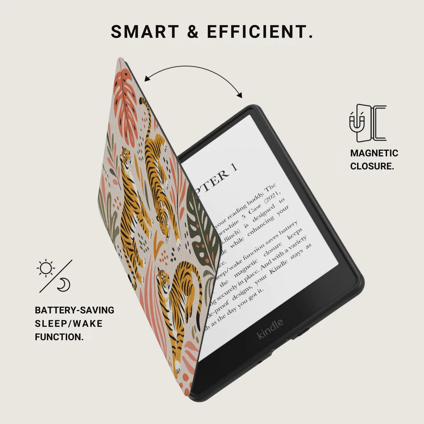 Kindle case with tiger pattern, magnetic closure, and battery-saving sleep/wake function.