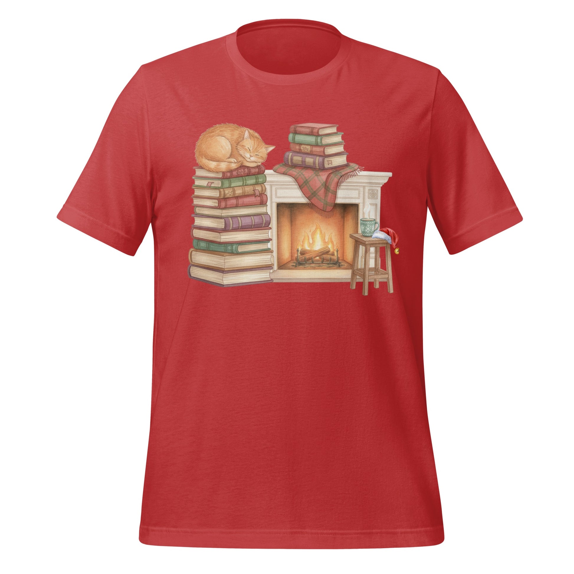 Cozy Fireplace with Books and Cat T-shirt