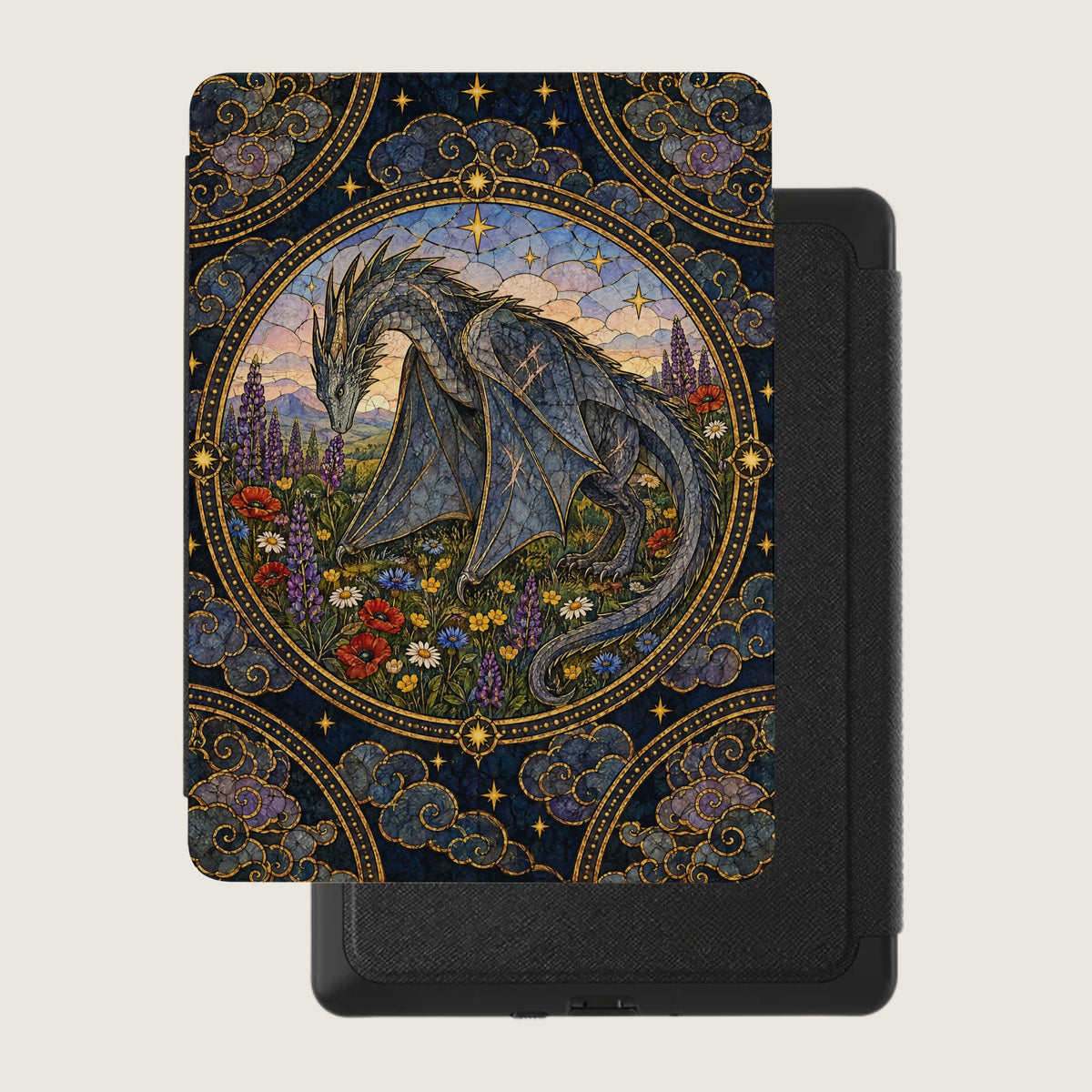 A black e-reader case features an ornate, stained-glass style illustration of a grey dragon in a meadow.
