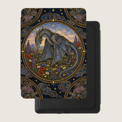 A black e-reader case features an ornate, stained-glass style illustration of a grey dragon in a meadow.