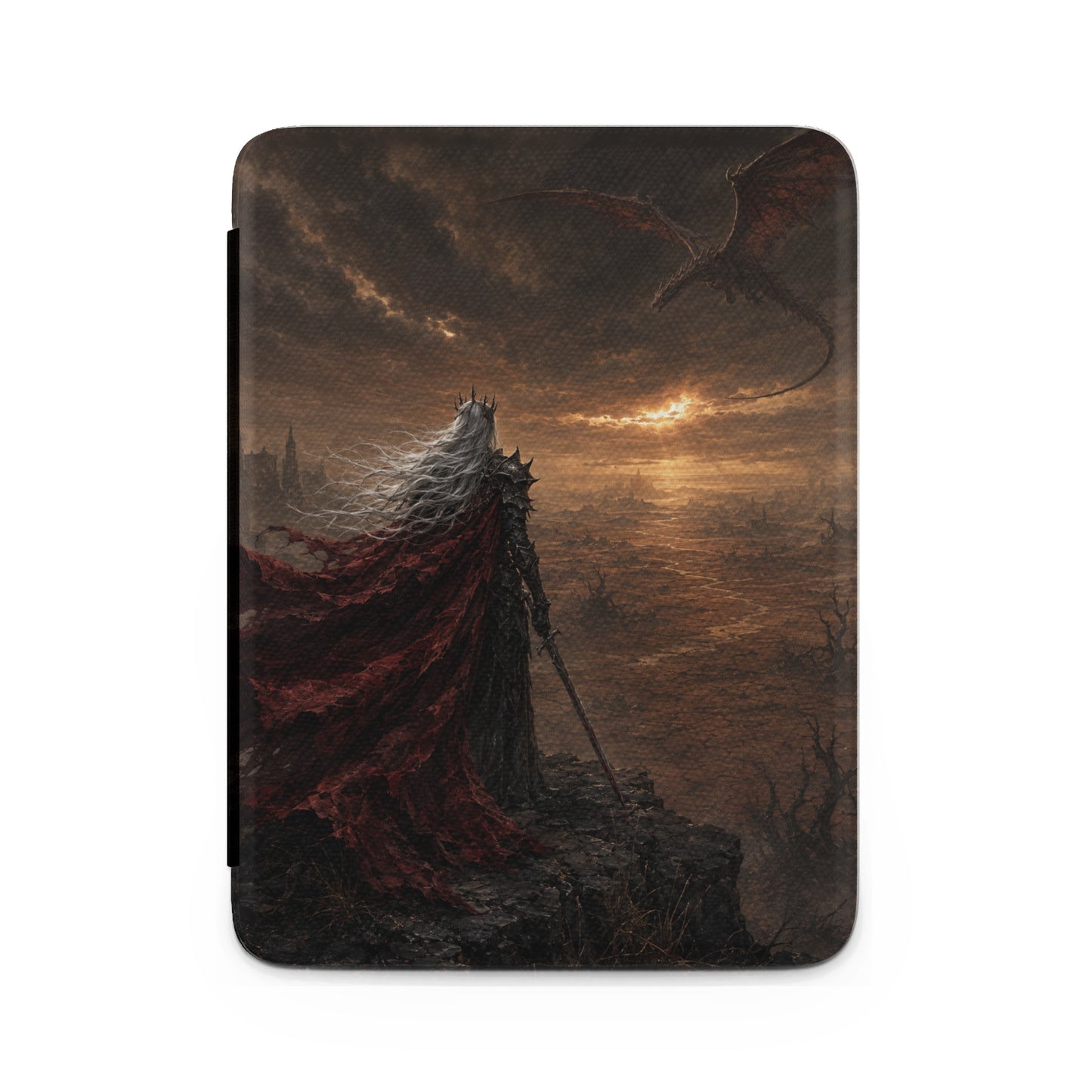 Figure in armor and red cape stands on rocky cliff, a dragon flies in the sunset sky.