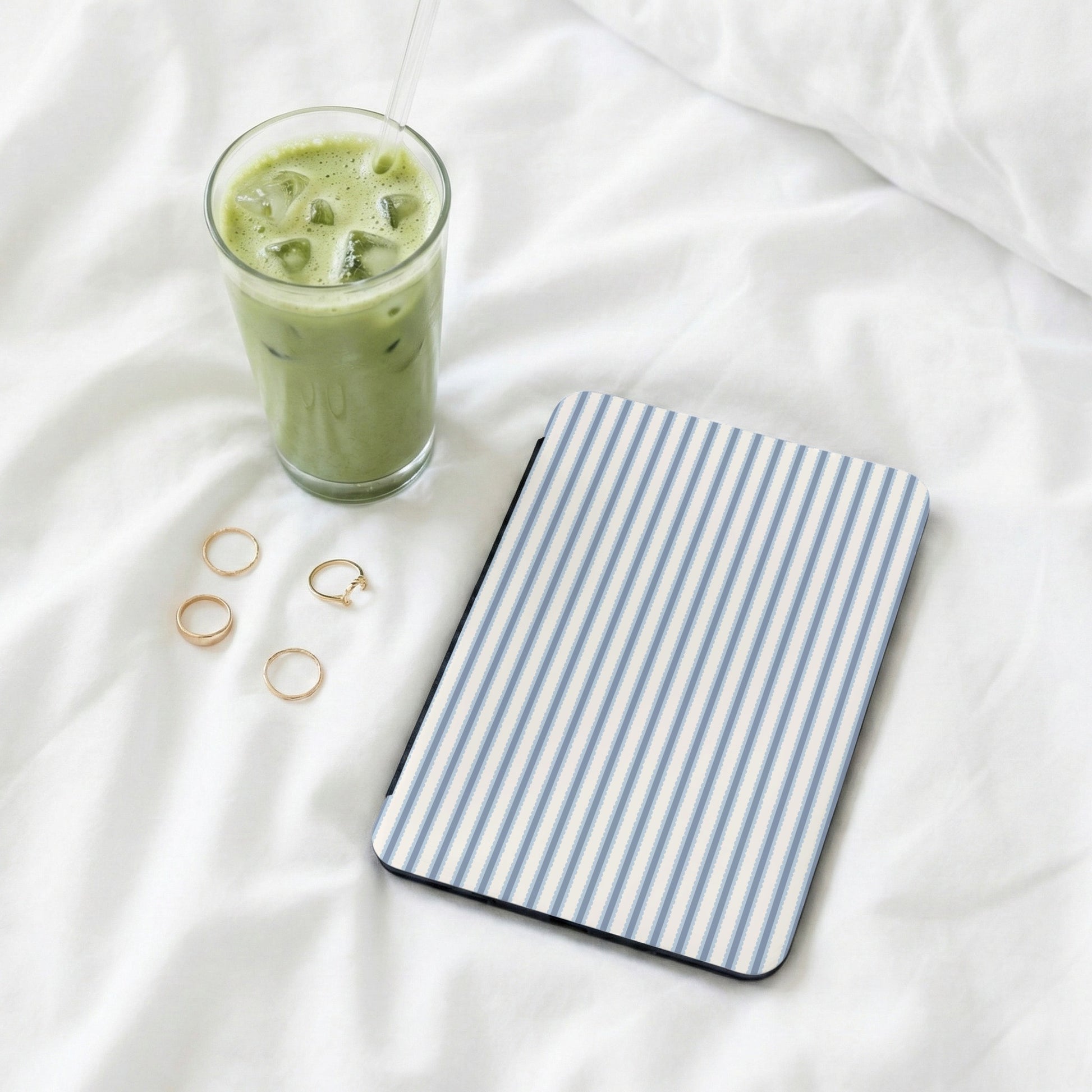 Blue Striped iPad Cover with Green Drink and Rings