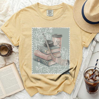 Yellow t-shirt with "Love Chemistry & Ice Time" text and hockey theme graphic.