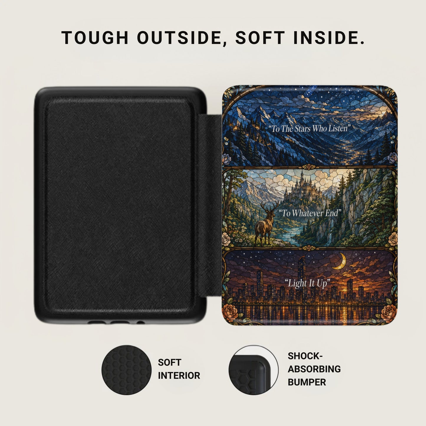 Black cover with three stained-glass scenes depicting mountains, a castle, and a city nightscape.