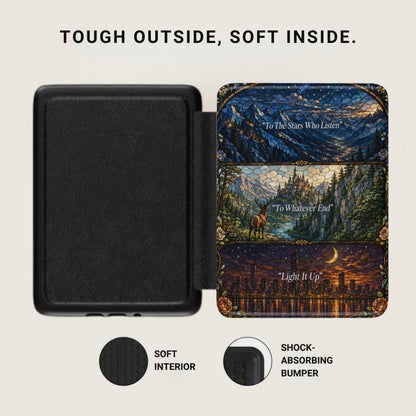 Black cover with three stained-glass scenes depicting mountains, a castle, and a city nightscape.