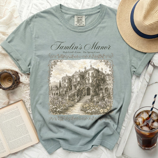 Comfort Colors Tamlin's Manor t-shirt with manor illustration.
