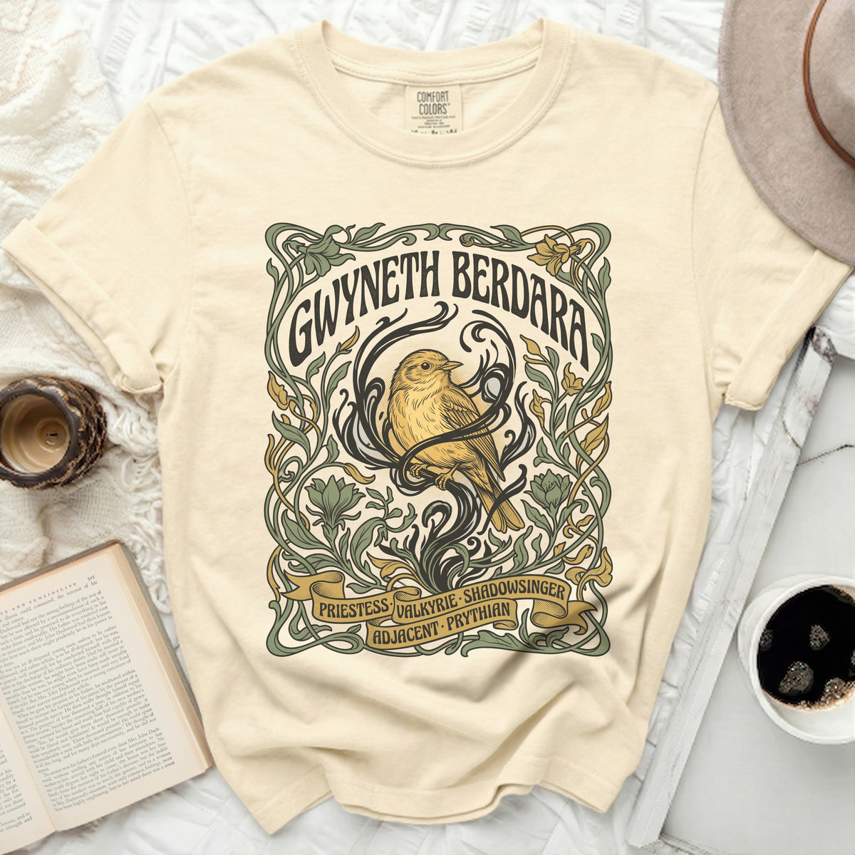 Gwyneth Berdara shirt with bird and floral art, Priestess Valkyrie Shadowsinger Adjacent Prythian.
