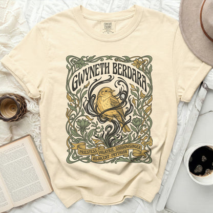 Gwyneth Berdara shirt with bird and floral art, Priestess Valkyrie Shadowsinger Adjacent Prythian.