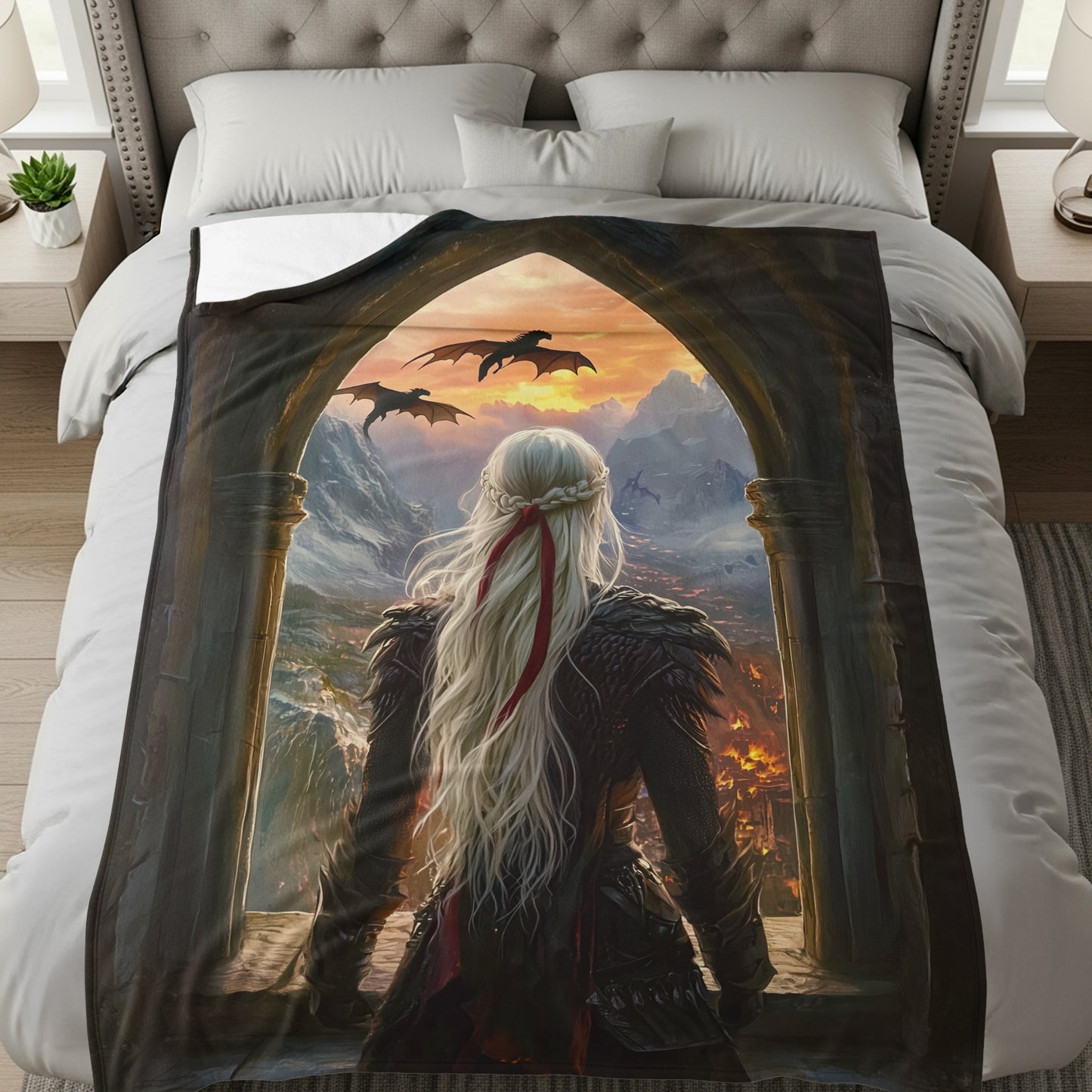 Fantasy Dragon Sunset View Blanket for Cozy Comfort