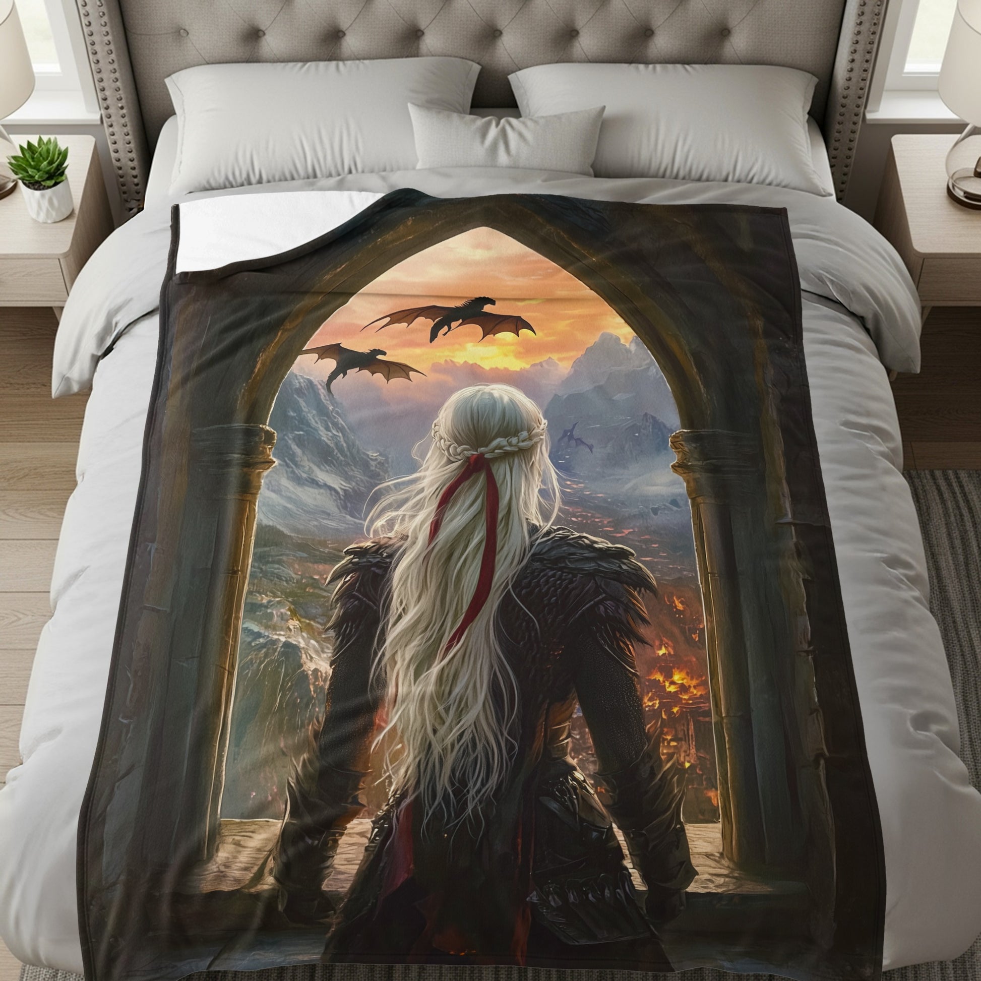 Fantasy Dragon Sunset View Blanket for Cozy Comfort