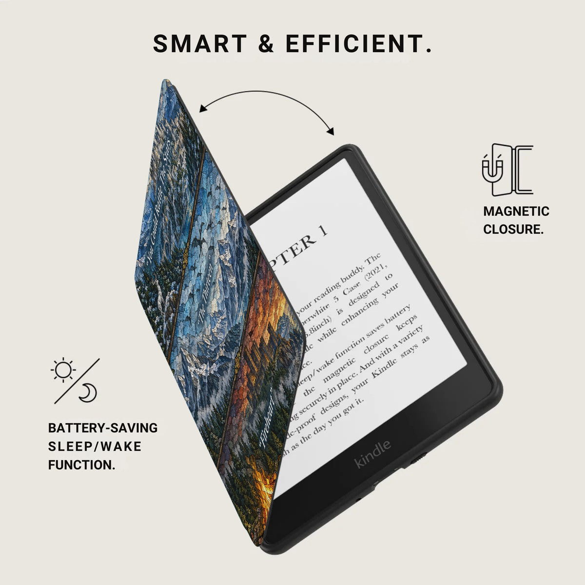 A black e-reader in a protective case with a blue and orange landscape design, highlighting magnetic closure and sleep/wake functions.
