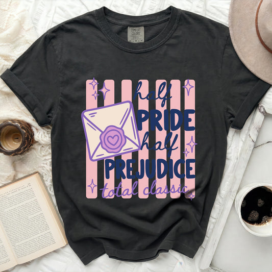 Dark t-shirt with "half pride half prejudice total classic" text and design.