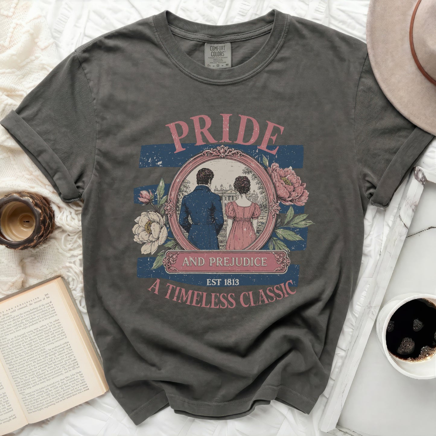 Pride and Prejudice graphic t-shirt with vintage couple and floral design.