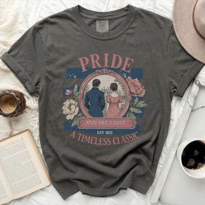 Pride and Prejudice graphic t-shirt with vintage couple and floral design.