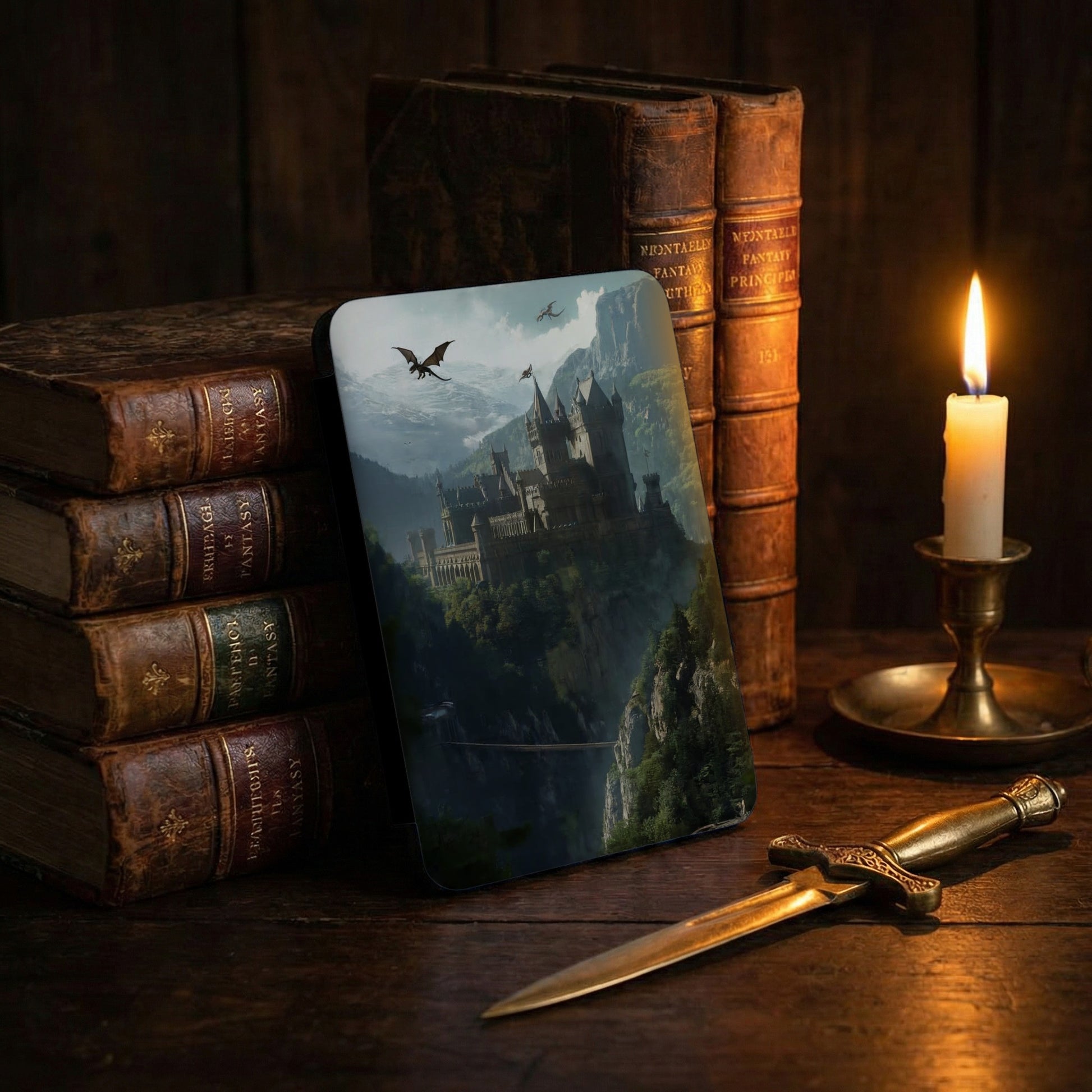 Mystical Castle Dragons Mountain Fantasy Art product type