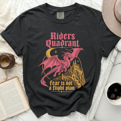 Black t-shirt with "Riders Quadrant" and a dragon design, "fear is not a flight plan".