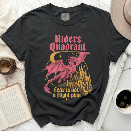 Black t-shirt with "Riders Quadrant" and a dragon design, "fear is not a flight plan".