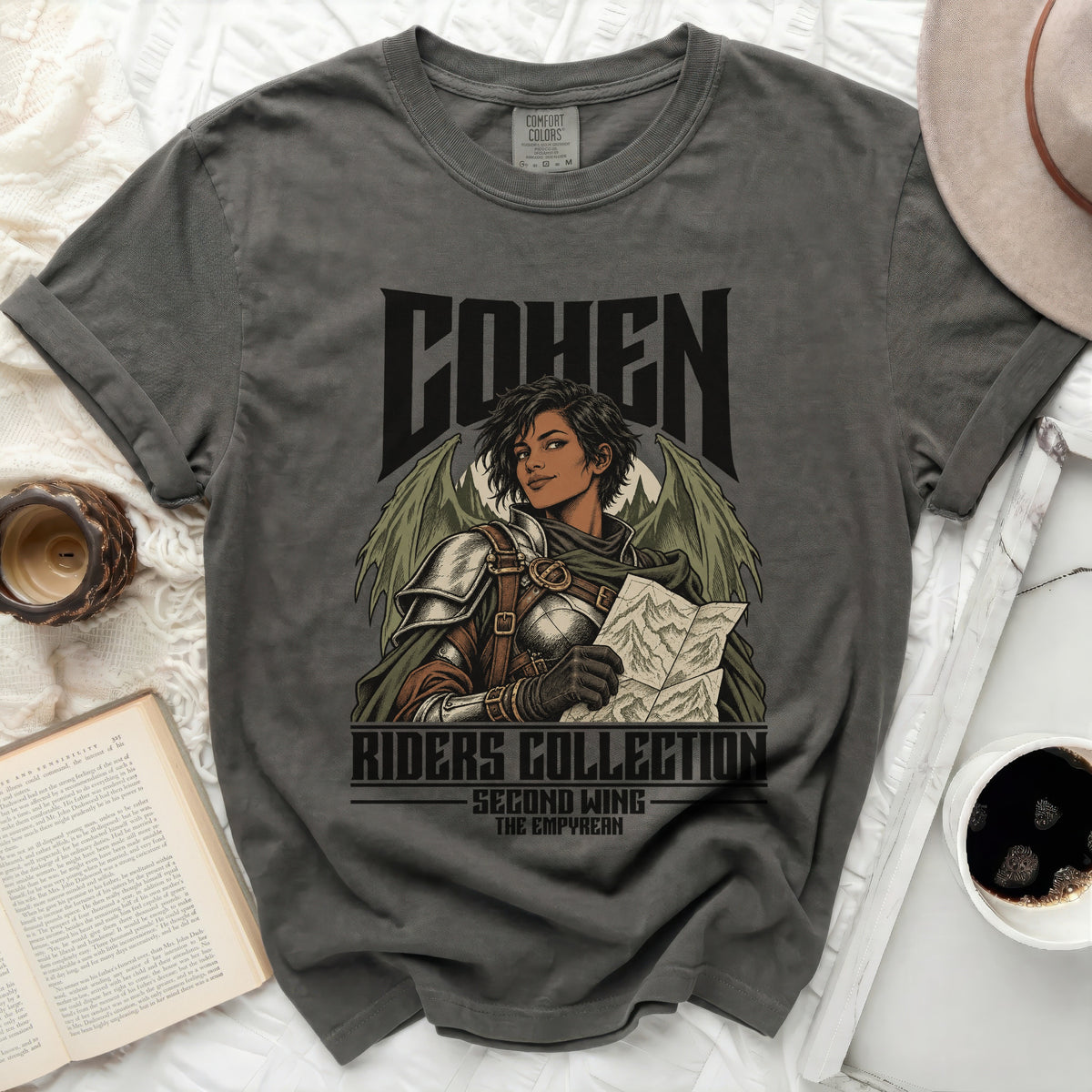 Gray t-shirt with "COHEN RIDERS COLLECTION SECOND WING THE EMPYREAN" graphic.