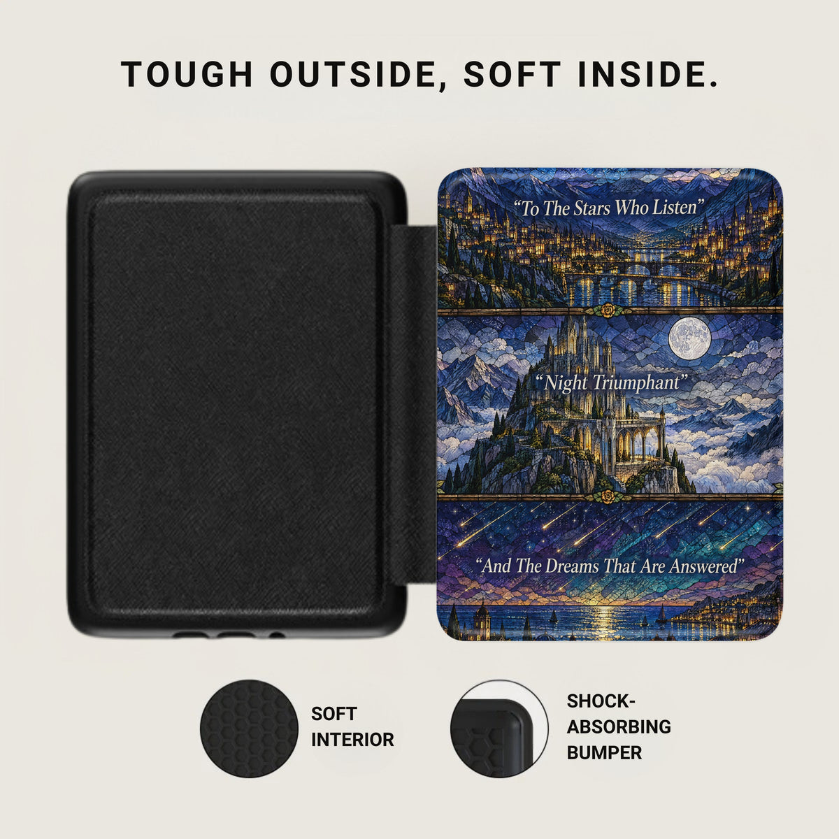 Black Kindle case open, showing a textured dark interior on the left and a stained glass-style fantasy city design on the right.