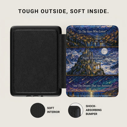 Black Kindle case open, showing a textured dark interior on the left and a stained glass-style fantasy city design on the right.