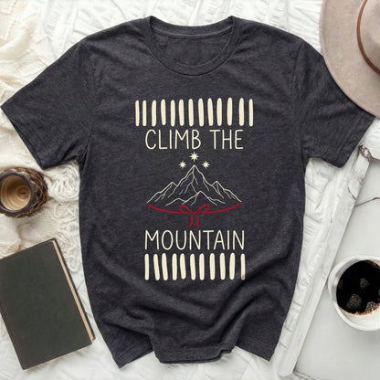 CLIMB THE MOUNTAIN graphic inspirational product type
T-shirt
Graphic tee
Mountain theme
Adventure top
Inspirational shirt
Outdoor exploration
Nature design
Hiking apparel
Climb graphic
Explore shirt
Stars mountains
Ribbon print
Dark gray tee
Short sleeve shirt
Casual wear
Unique design
Motivation gift
Wilderness style
Round neck
Goal oriented