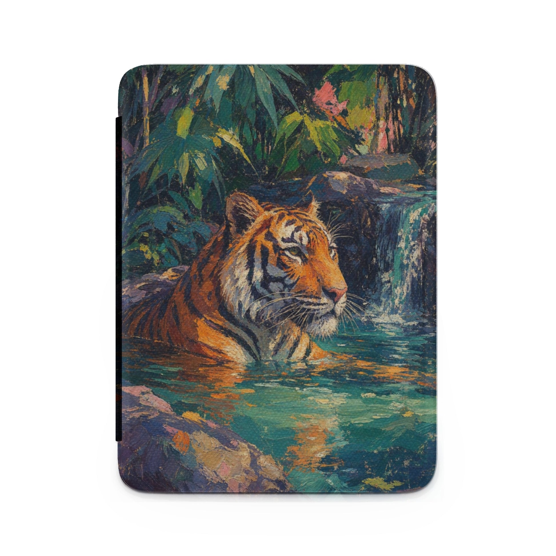 Painting of a tiger in water with lush foliage and a waterfall in the background.