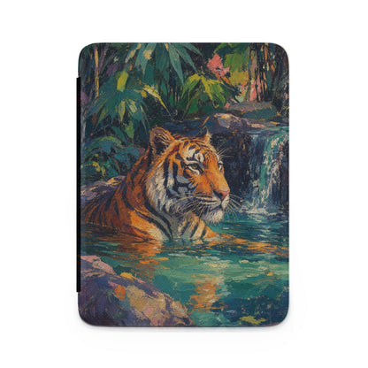 Painting of a tiger in water with lush foliage and a waterfall in the background.