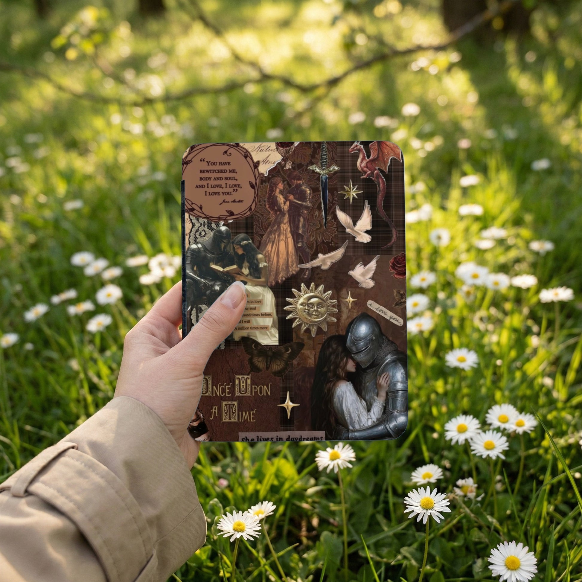 Collage of fantasy art with knights, dragons, doves, and text.