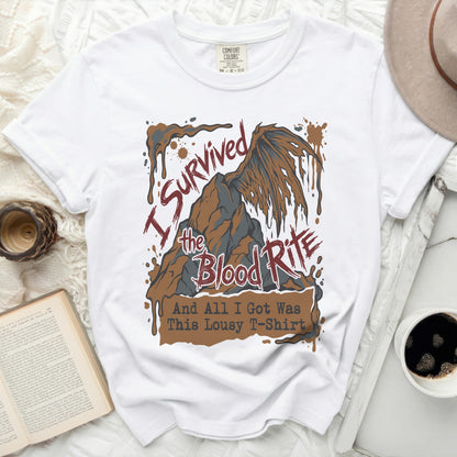 White t-shirt with graphic "I Survived the Blood Rite And All I Got Was This Lousy T-Shirt."