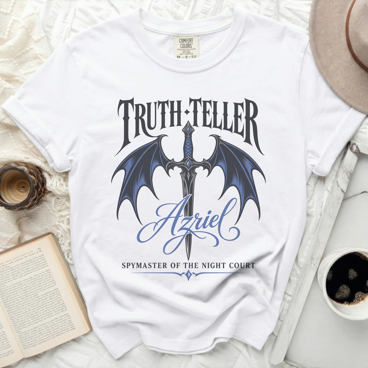 White t-shirt with "Truth Teller", "Azriel", and "Spymaster of the Night Court" text.