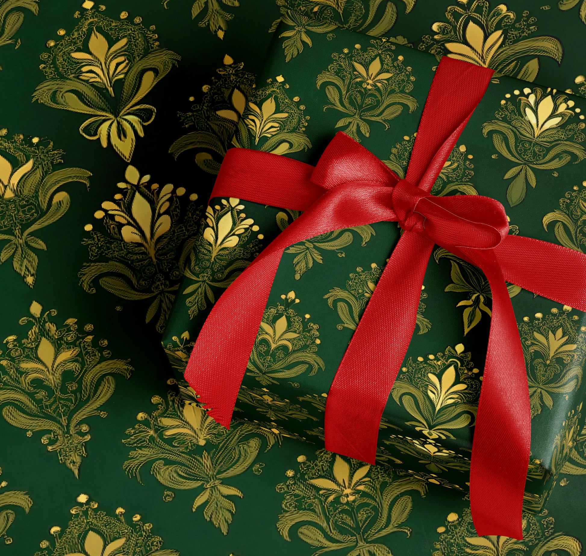 Elegant Green and Gold Floral Design Gift Wrap