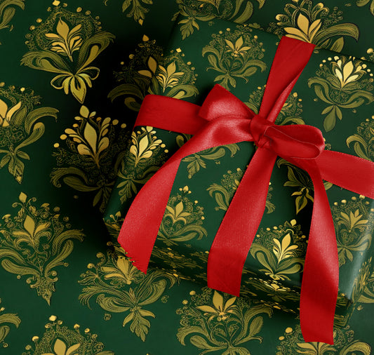 Elegant Green and Gold Floral Design Gift Wrap
