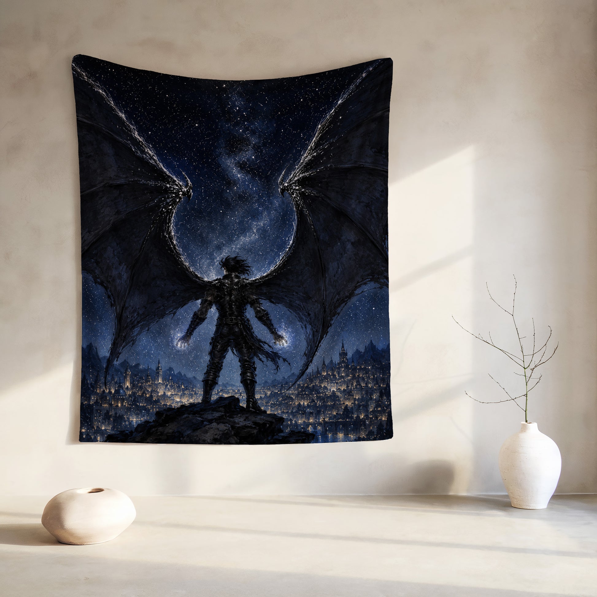 Tapestry of a winged figure overlooking a fantasy city at night.