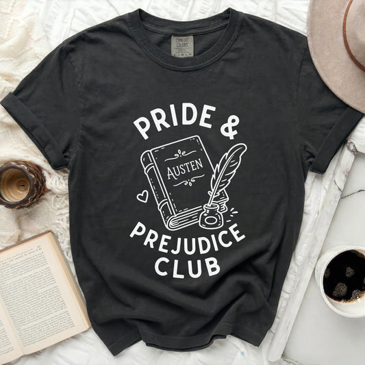 Black t-shirt with "Pride & Prejudice Club" literary design.