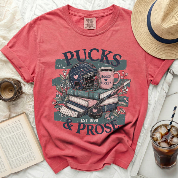 Pucks & Prose Literary Hockey Tee in Watermelon