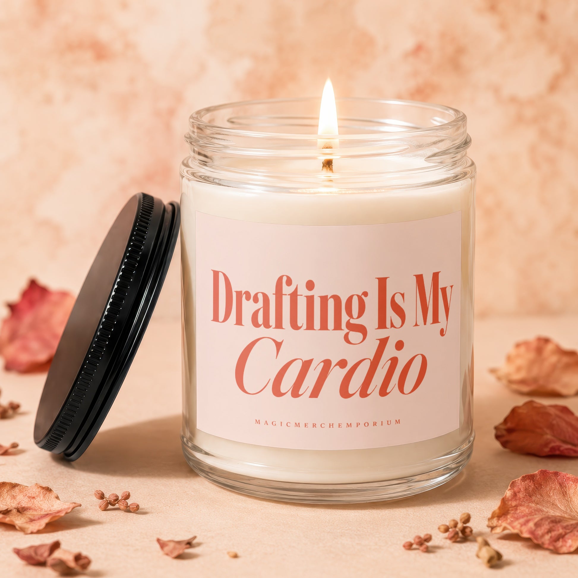 Candle with burning wick and label "Drafting Is My Cardio" and "MagicMerchEmporium".