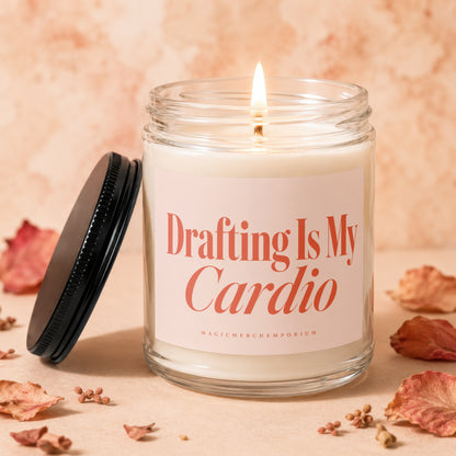 Candle with burning wick and label "Drafting Is My Cardio" and "MagicMerchEmporium".